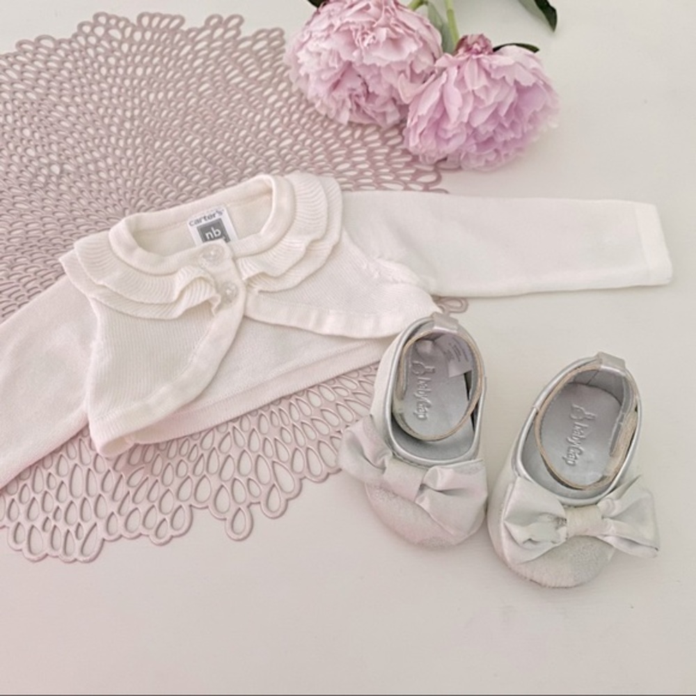 Baby Gap and Carter’s Baby Cream Ivory Ruffle Sweater and Silver Polka Dot Flats